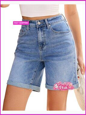 High Waisted Fold Hem Stretchy Denim Shorts 7 Inch Inseam Jorts